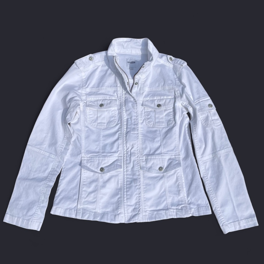 Kenzie Jeans Utility Military Style Jacket With Pockets White Size Medium
